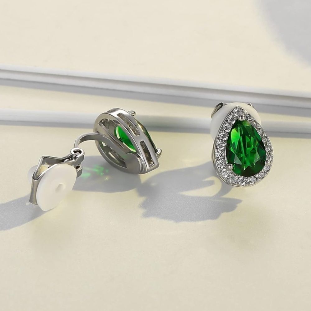 Silver with Emerald and Diamond Cubic Zirconia Teardrop Stud Clip On Earrings - Picture 3 of 5